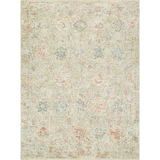 Piccadilly Rug by Surya in tan, light sage, seafoam, peach, beige, mustard, dusty coral, blue. Made from main: 70% silk, main: 30% wool in a modern style.