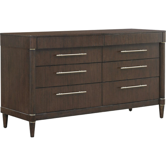 Asher Park 8 Drawer Dresser by Pulaski Furniture in piano brown. Made from eucalyptus veneers in a unique style.