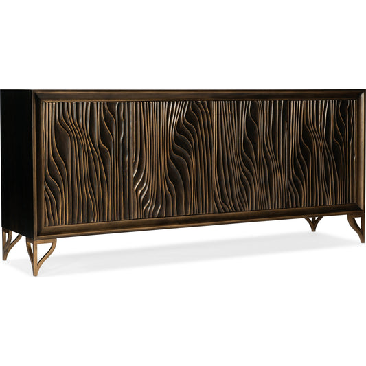 Melange Mountgomery Four Door Credenza by Hooker Furniture in dark wood. Made from maple veneers, resin, metal in a modern style.