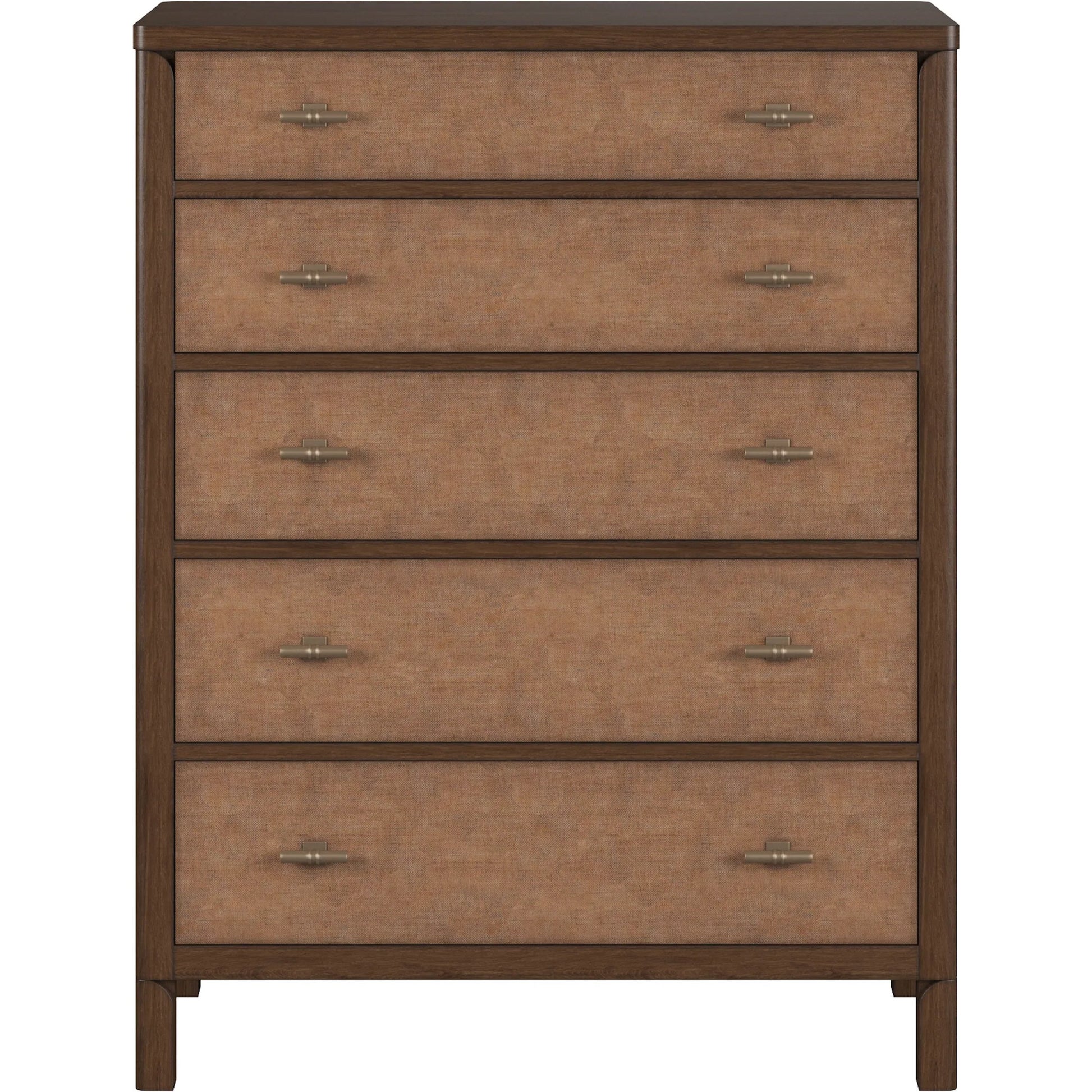 Verge 5 Drawer Chest by A.R.T. Furniture in handcrated walnut. Made from poplar solids, flat cut walnut veneers in a traditional style.
