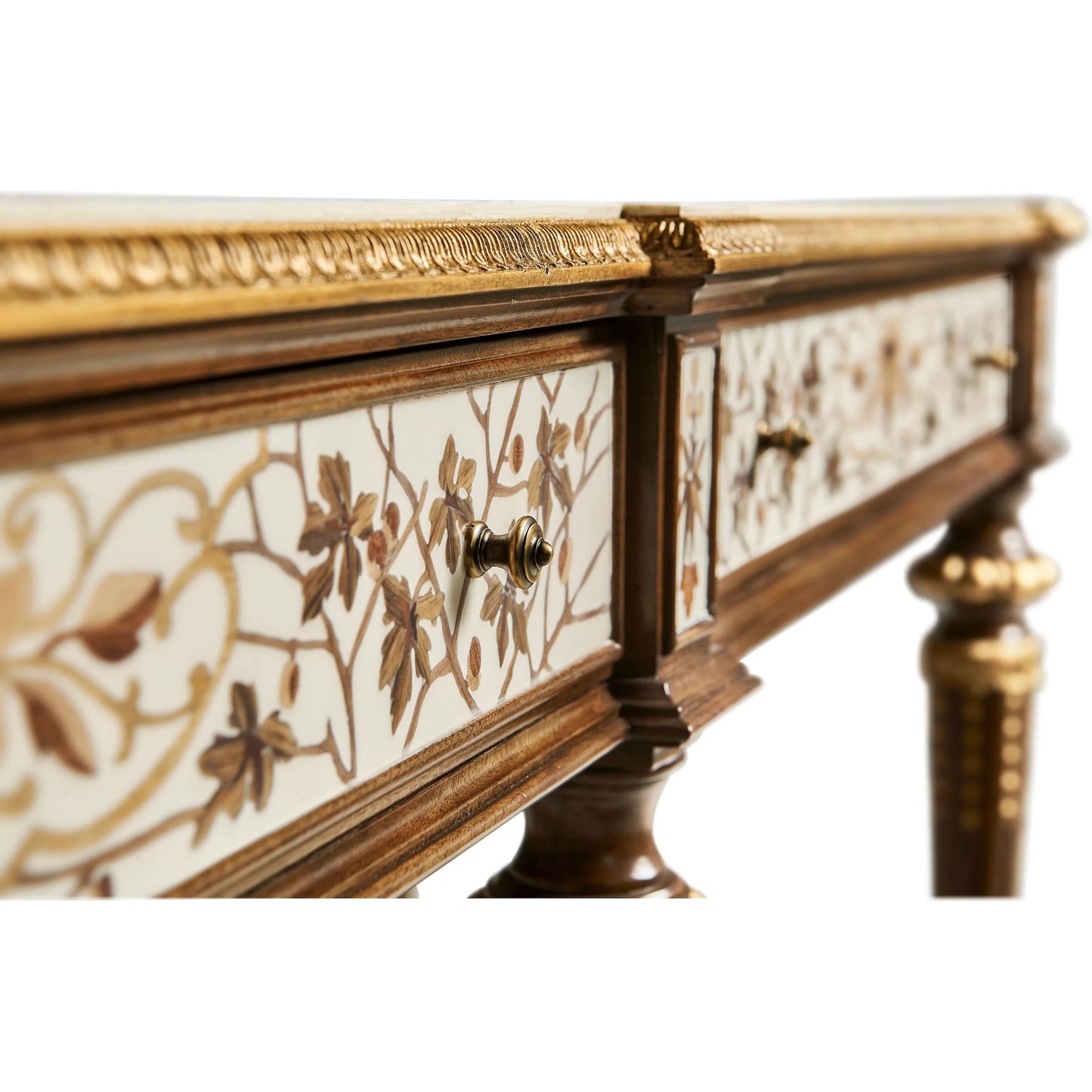 011 SI-2334504 | Closeup | Trianon Console Table by Jonathan Charles in oak leaf parquetry. Made from mahogany solids, various marquetry veneers, resin, brass in a traditional style.