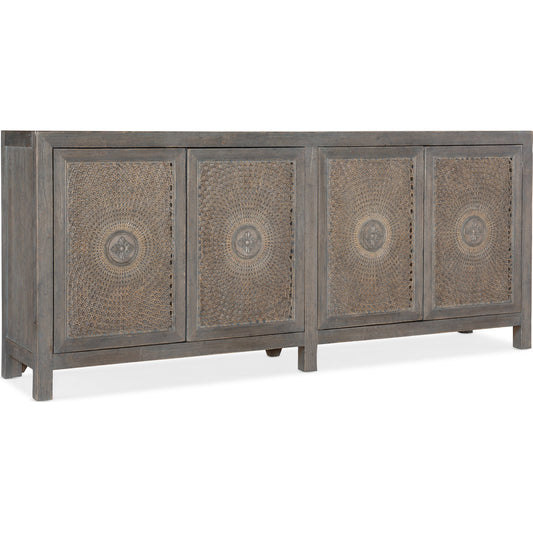 Emmett Entertainment Console by Hooker Furniture in natural gray. Made from oak veneers in a cottage & farmhouse style.