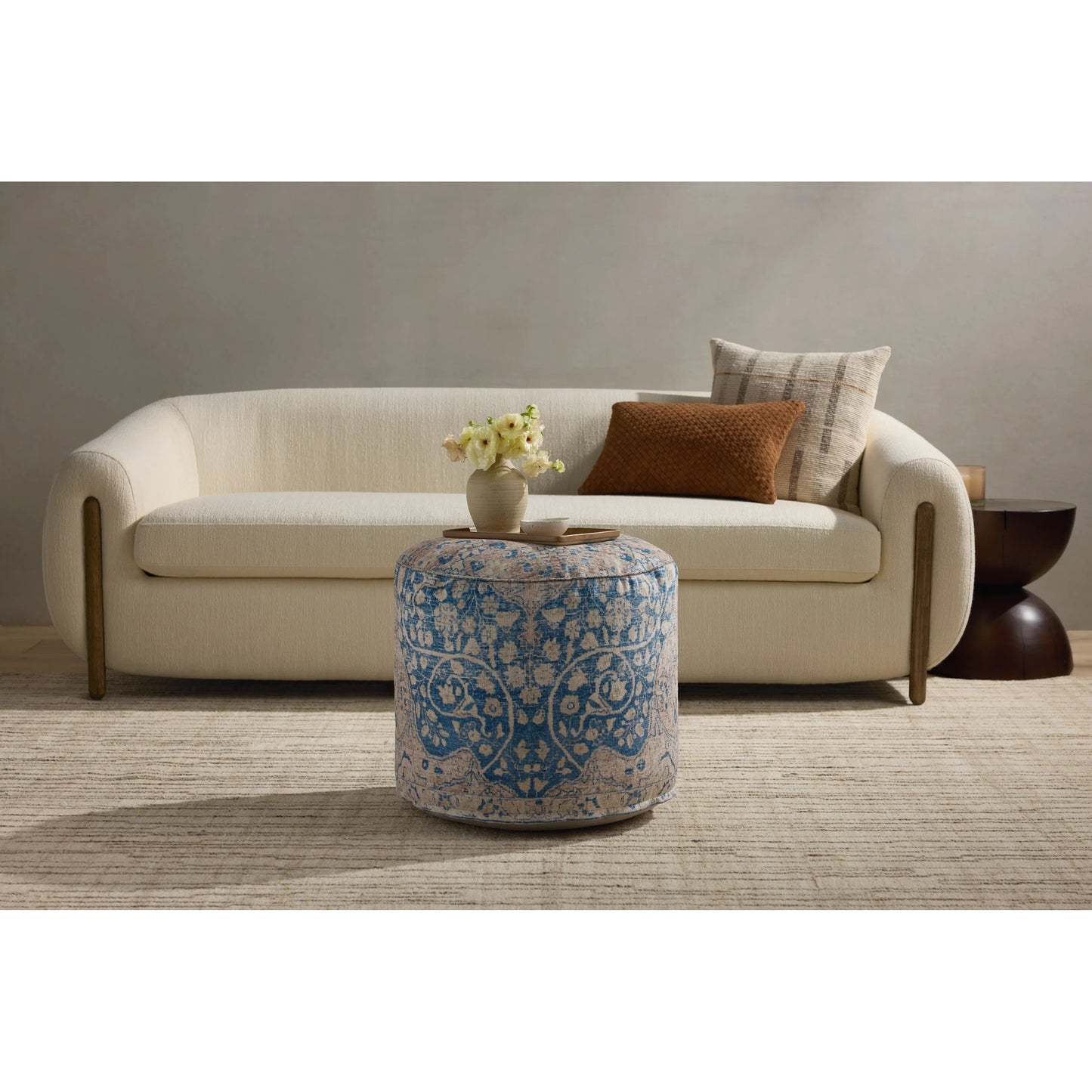 005 SI-2455432 | Lifestyle | LPF211 Pouf by Loloi in blue, tangerine. Made from 100% polyester in a traditional style.