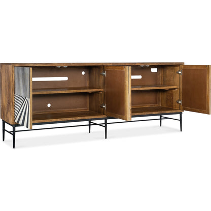 Commerce and Market Linear Perspective Credenza by Hooker Furniture in medium wood, black & white bone inlay. Made from mango solids, bone, iron in a modern style.