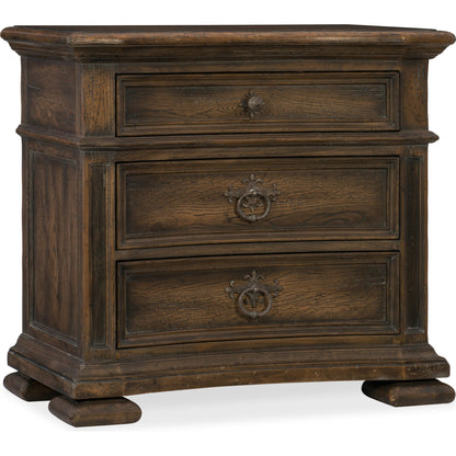 Elmendorf Nightstand by Hooker Furniture in saddle brown. Made from white oak, walnut veneers, cedar, resin in a traditional style.