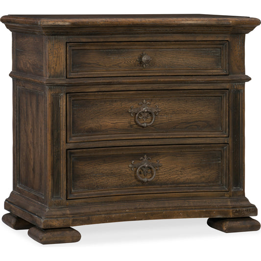 Elmendorf Nightstand by Hooker Furniture in saddle brown. Made from white oak, walnut veneers, cedar, resin in a unique style.