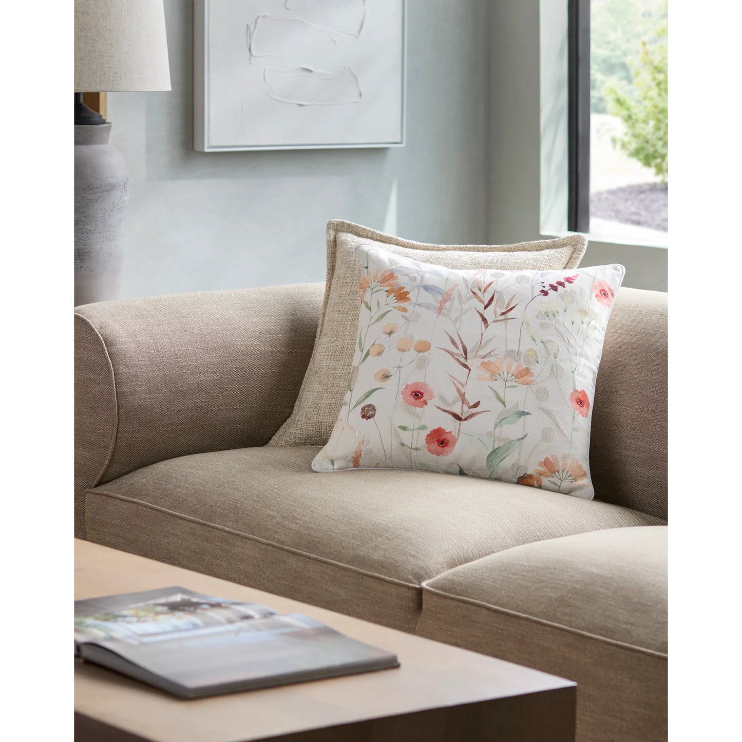 003 SI-2244508,SI-2244509,SI-2244510,SI-2244511,SI-2244512,SI-2244513 | Lifestyle | Painterly Florals 540917 Pillow by Surya in off-white, peach, sage, denim, dusty pink. Made from cotton in a modern style.