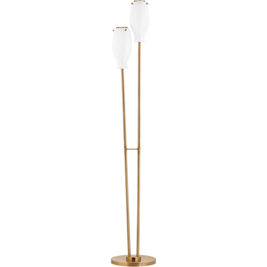 Geyser 2 Light Floor Lamp by Troy in patina brass. Made from brass in a modern style.