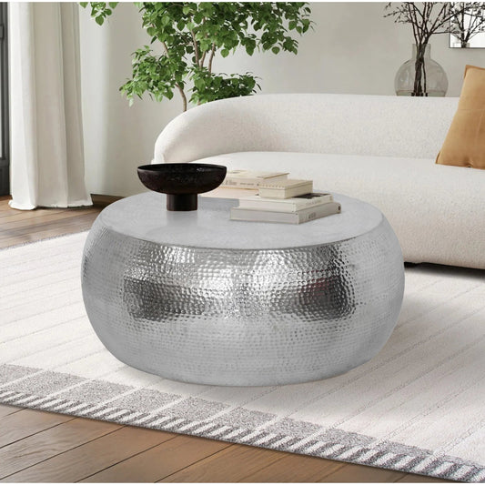Eclipse Round Modern Handforged Metal Coffee Table Shiny Hammered Finish - PGI-3377 by Pasargad Home in silver. Made from metal in a unique style.