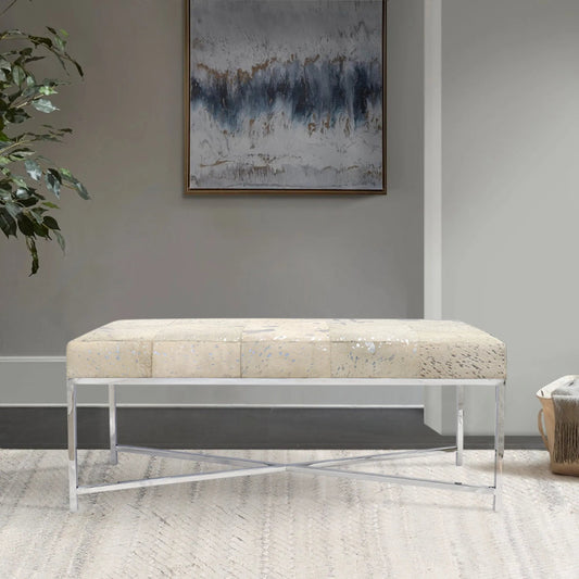 Safari Steel & Cowhide Bench - PGN-1304 by Pasargad Home in silver. Made from steel, cowhide in a unique style.
