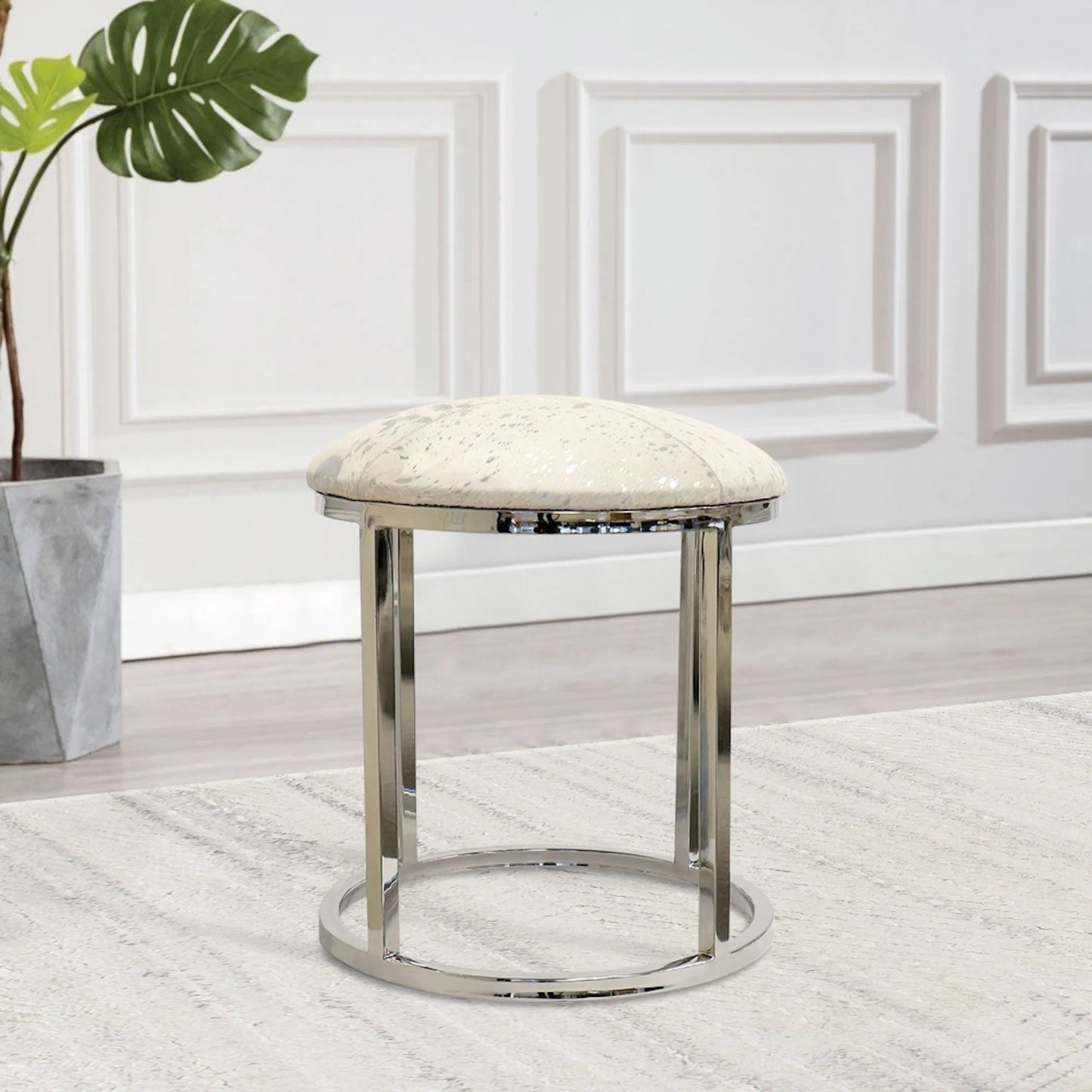 005 SI-2534706 | Lifestyle | Safari Steel & Cowhide Stool - PGN-1316 by Pasargad Home in silver. Made from steel, cowhide in a unique style.