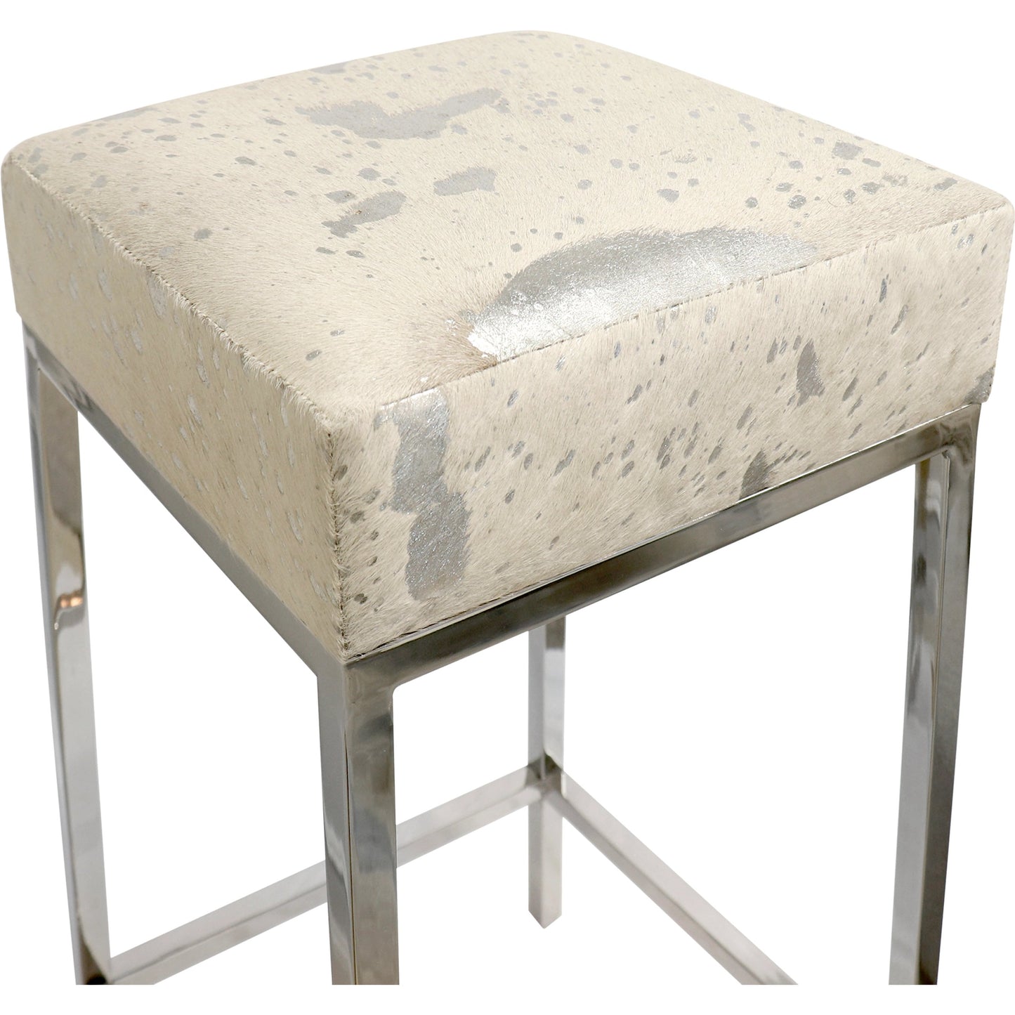 004 SI-2030366 | Closeup | Safari Cowhide Bar Stool by Pasargad Home in silver. Made from steel, cow h in a modern style.