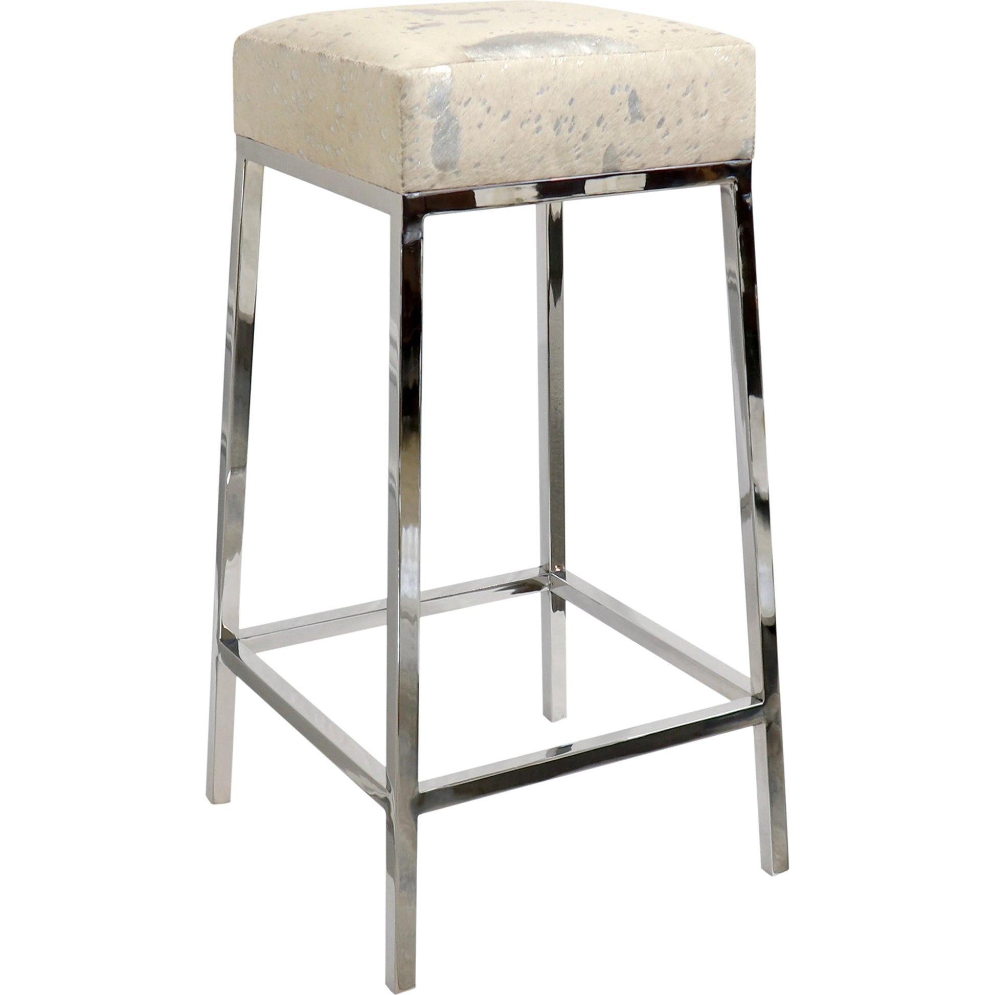 Safari Cowhide Bar Stool by Pasargad Home in silver. Made from steel, cow h in a modern style.