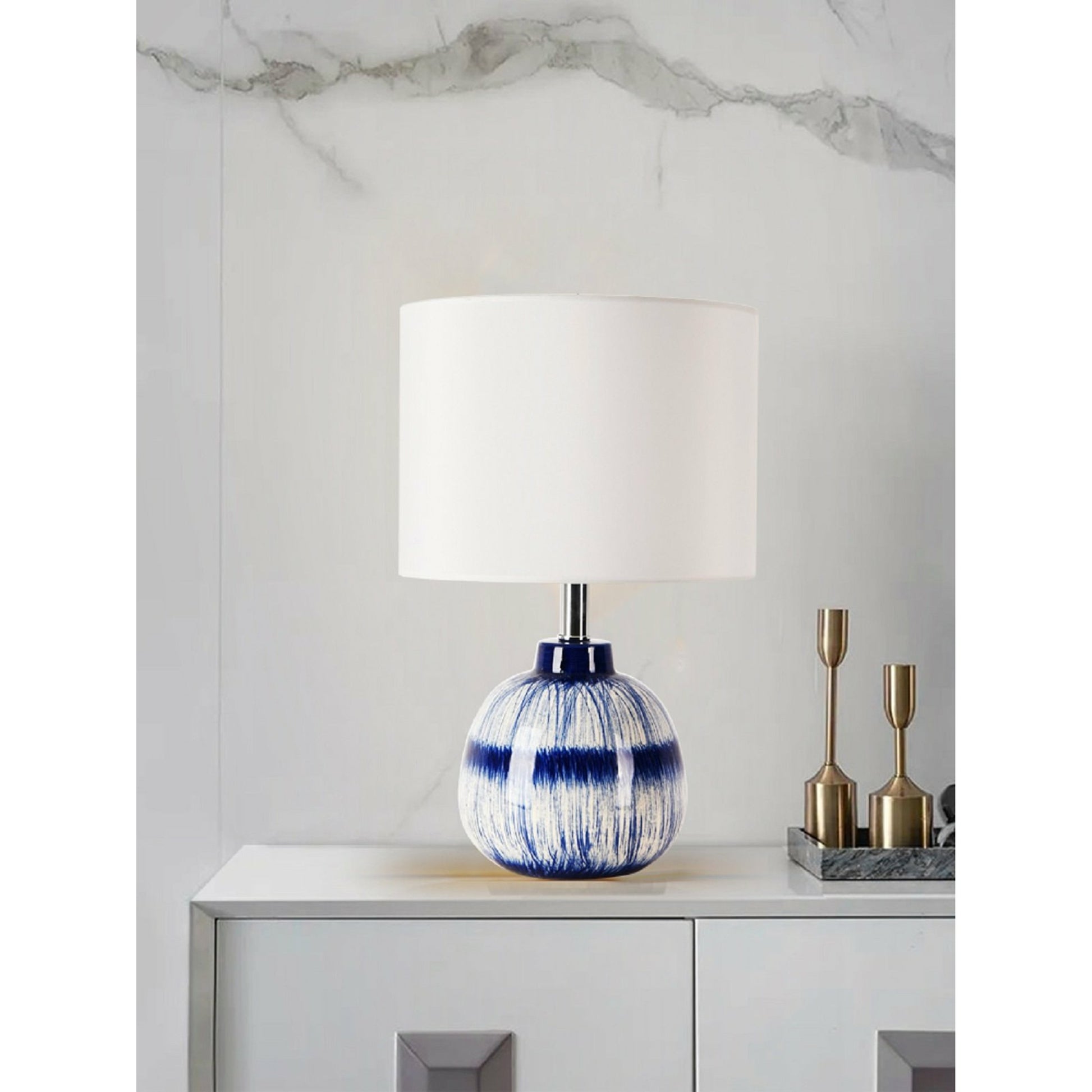 Joshua Table Lamp by Pasargad Home in white, blue. Made from metal, ceramic in a transitional style.