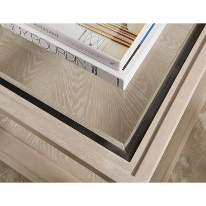 Nouveau Chic Rectangle Cocktail Table by Hooker Furniture in sandstone. Made from oak veneers, tempered glass, metal in a modern style.