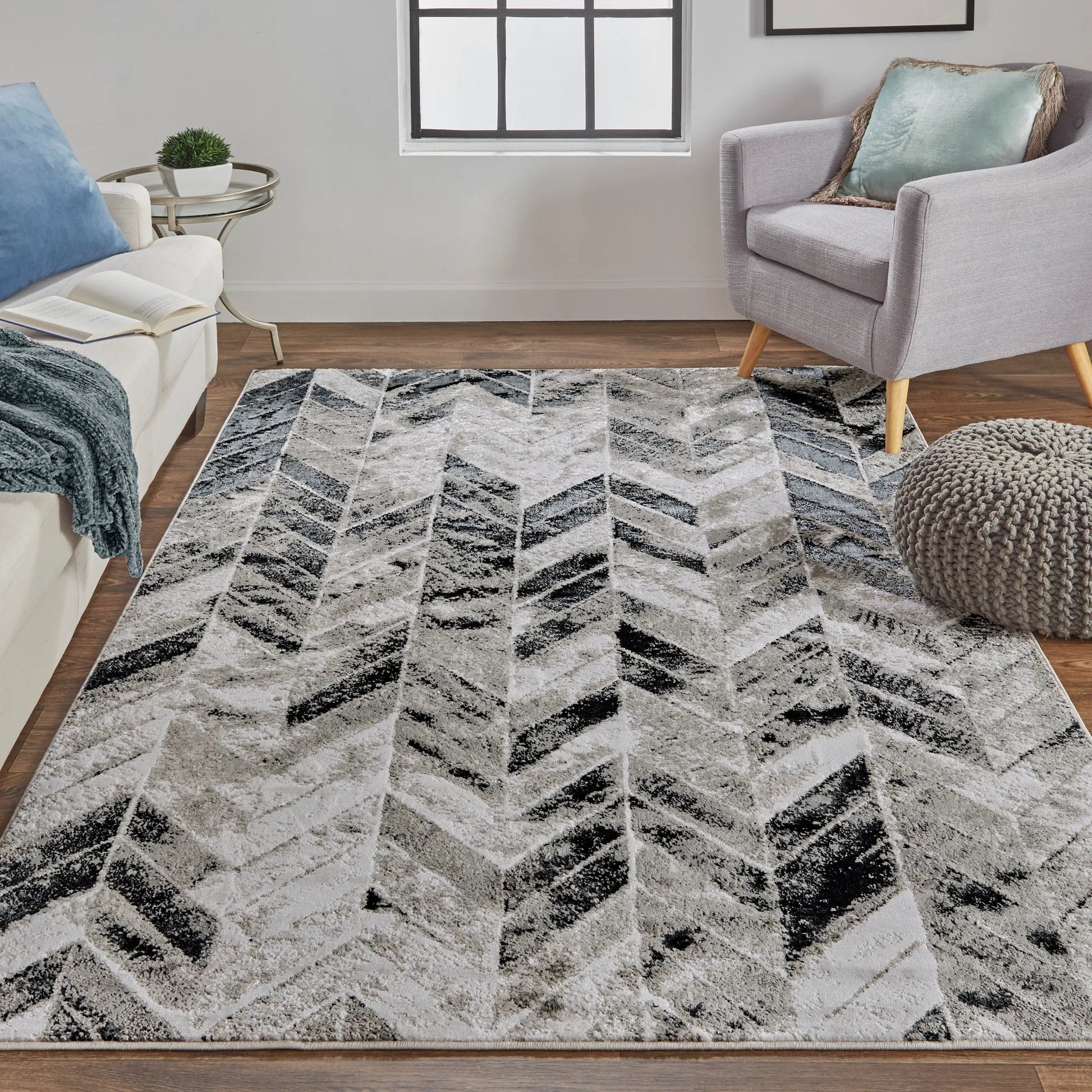 Micah Chevron Rug - 3048F by Feizy in black, gray, silver. Made from polyester, polypropylene in a unique style.