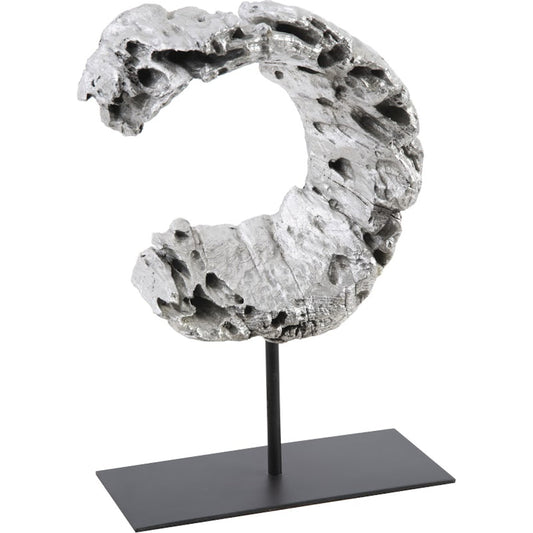 Cast Eroded Wood Circle on Stand II by Phillips Collection in silver, black and silver leaf. Made from resin metal in a transitional style.