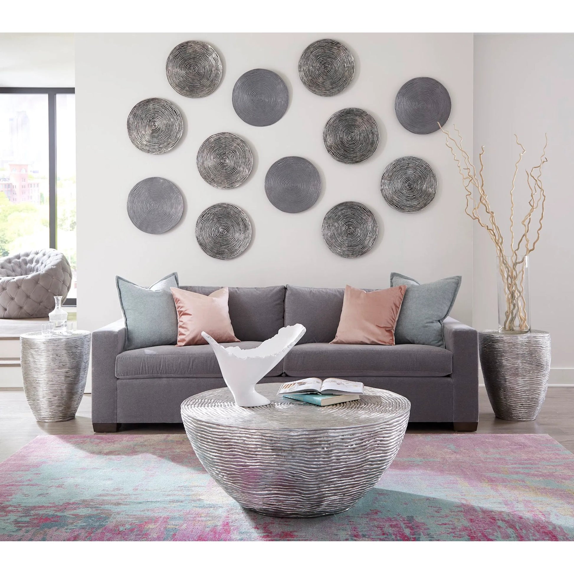 Ripple Wall Disk (Set of 4) by Phillips Collection in silver and silver leaf. Made from resin in a modern style.