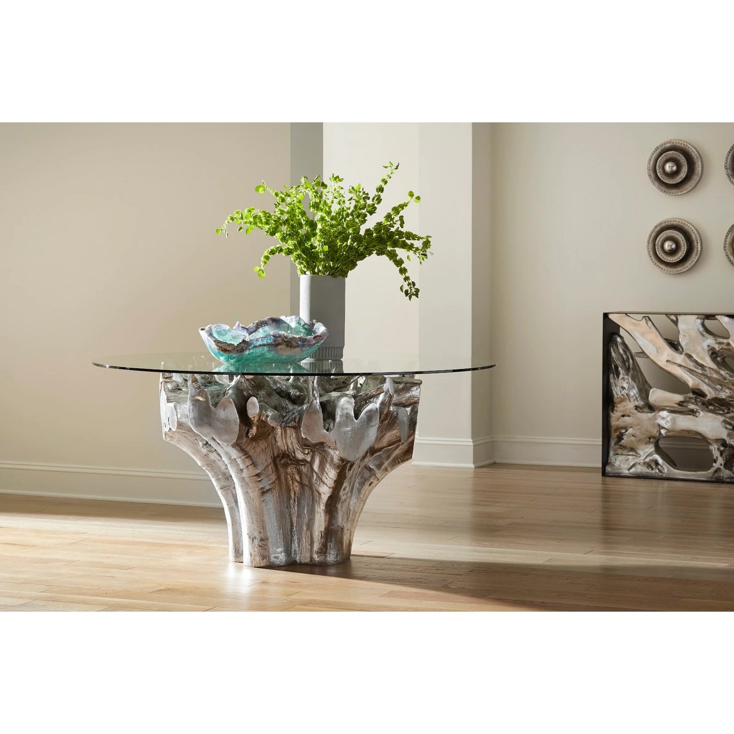 003 SI-1944937 | Lifestyle | Root Small Silver Dining Table Base by Phillips Collection in silver, clear and silver leaf. Made from resin glass in a modern style.