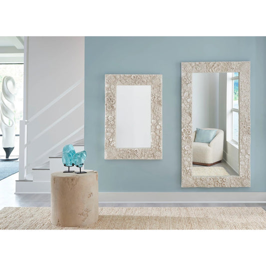 Slice Round White Stone Stool by Phillips Collection in off white and roman stone. Made from resin composite in a modern style.