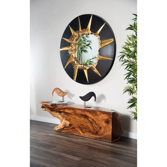 Circular Cracked Mirror by Phillips Collection in gold, black and gold leaf. Made from resin, resin composite in a modern style.