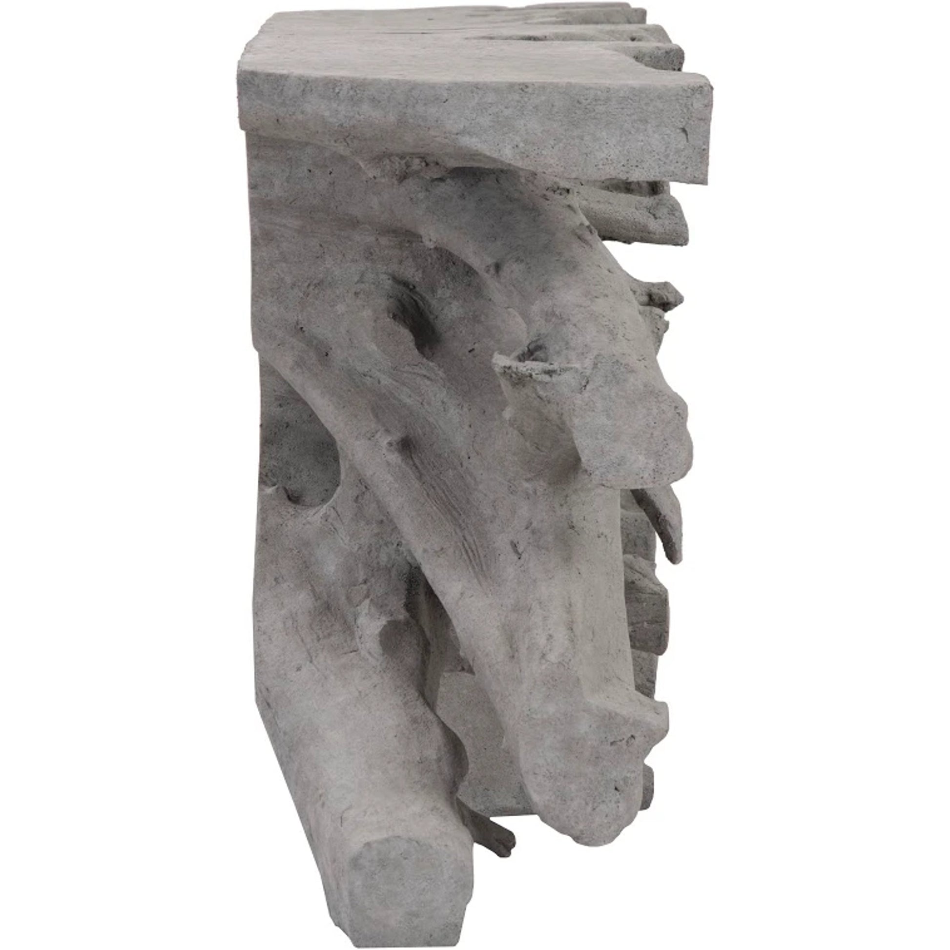 Cast Root Console by Phillips Collection in gray and charcoal stone. Made from resin in a transitional style.