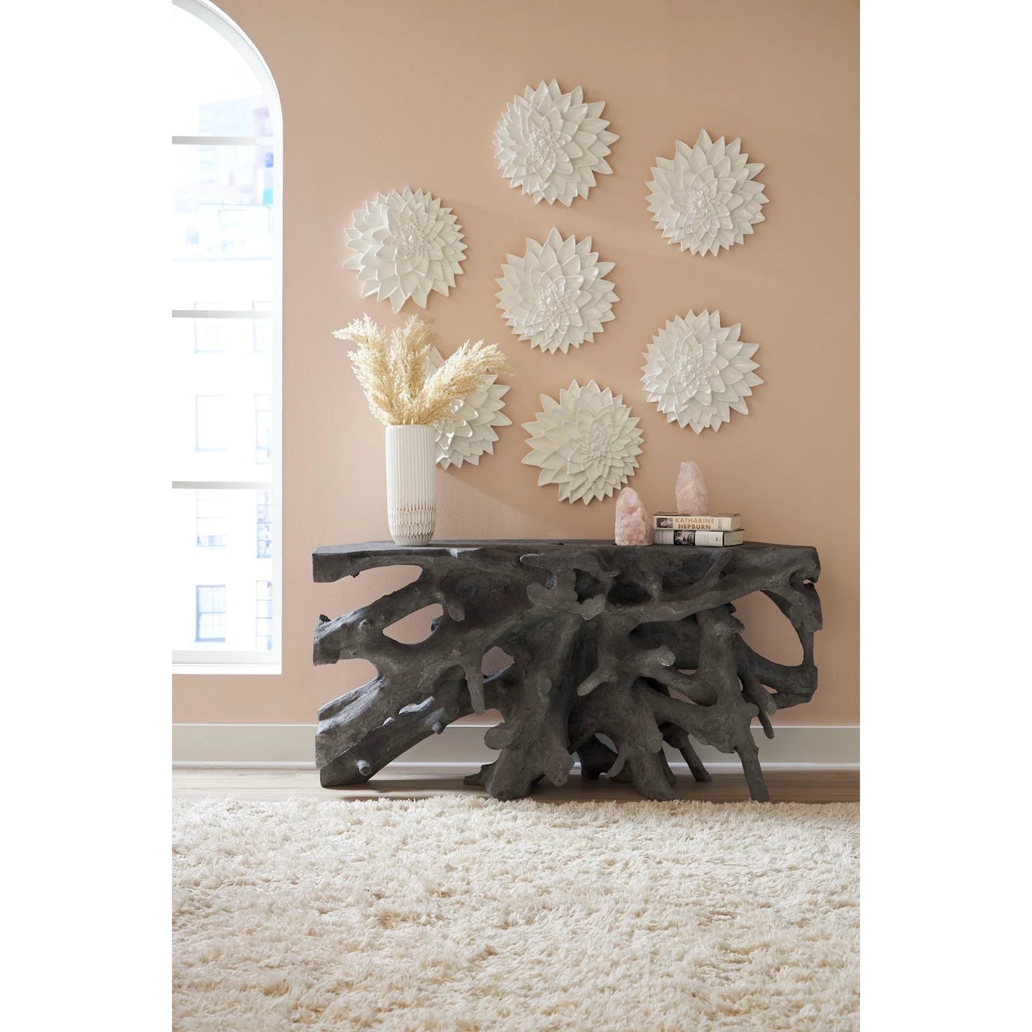 004 SI-1786296 | Lifestyle | Cast Root Console by Phillips Collection in gray and charcoal stone. Made from resin in a transitional style.