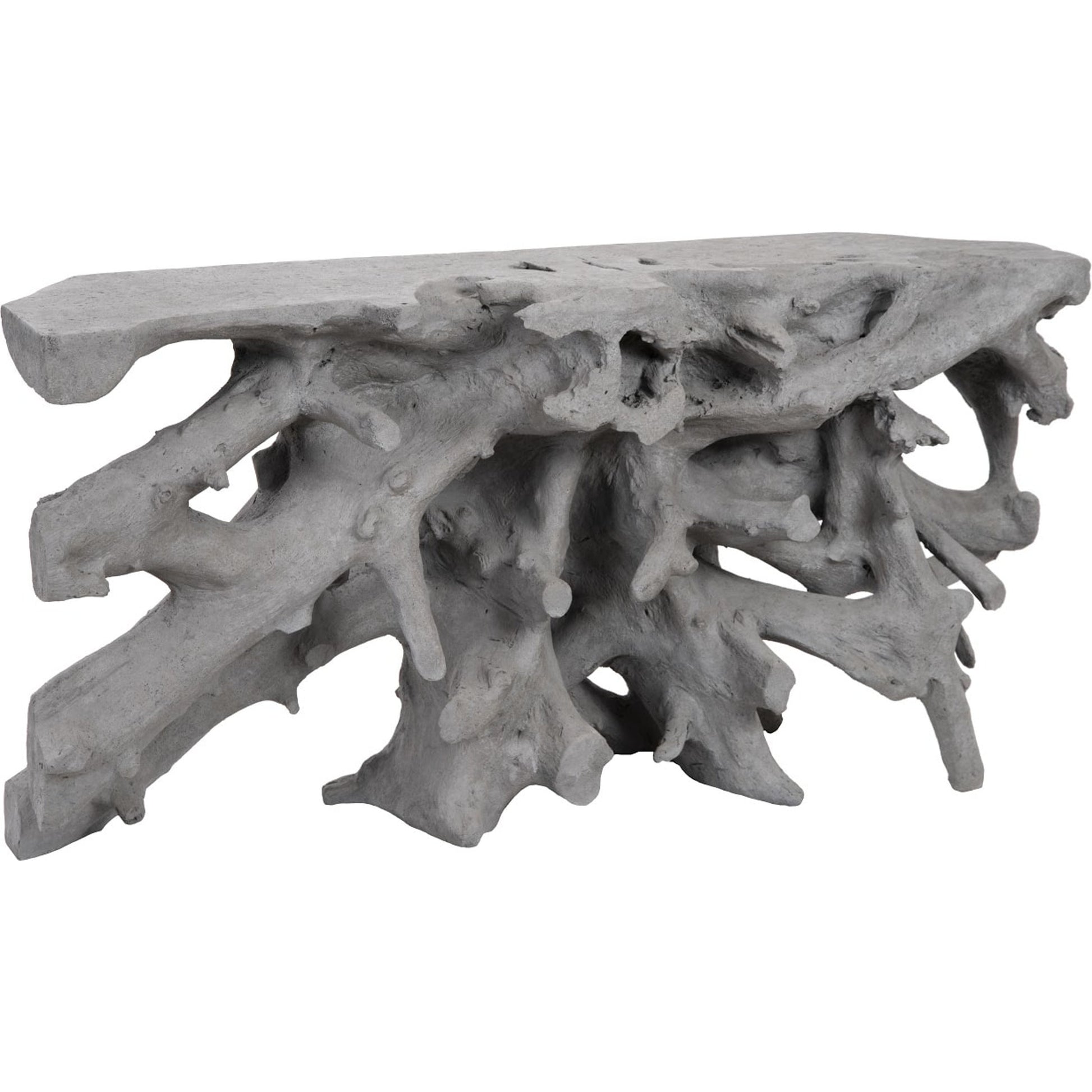 Cast Root Console by Phillips Collection in gray and charcoal stone. Made from resin in a transitional style.