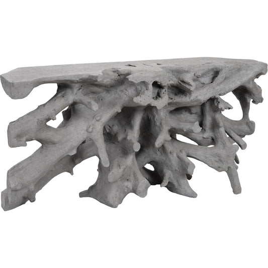 Cast Root Console by Phillips Collection in gray and charcoal stone. Made from resin in a transitional style.
