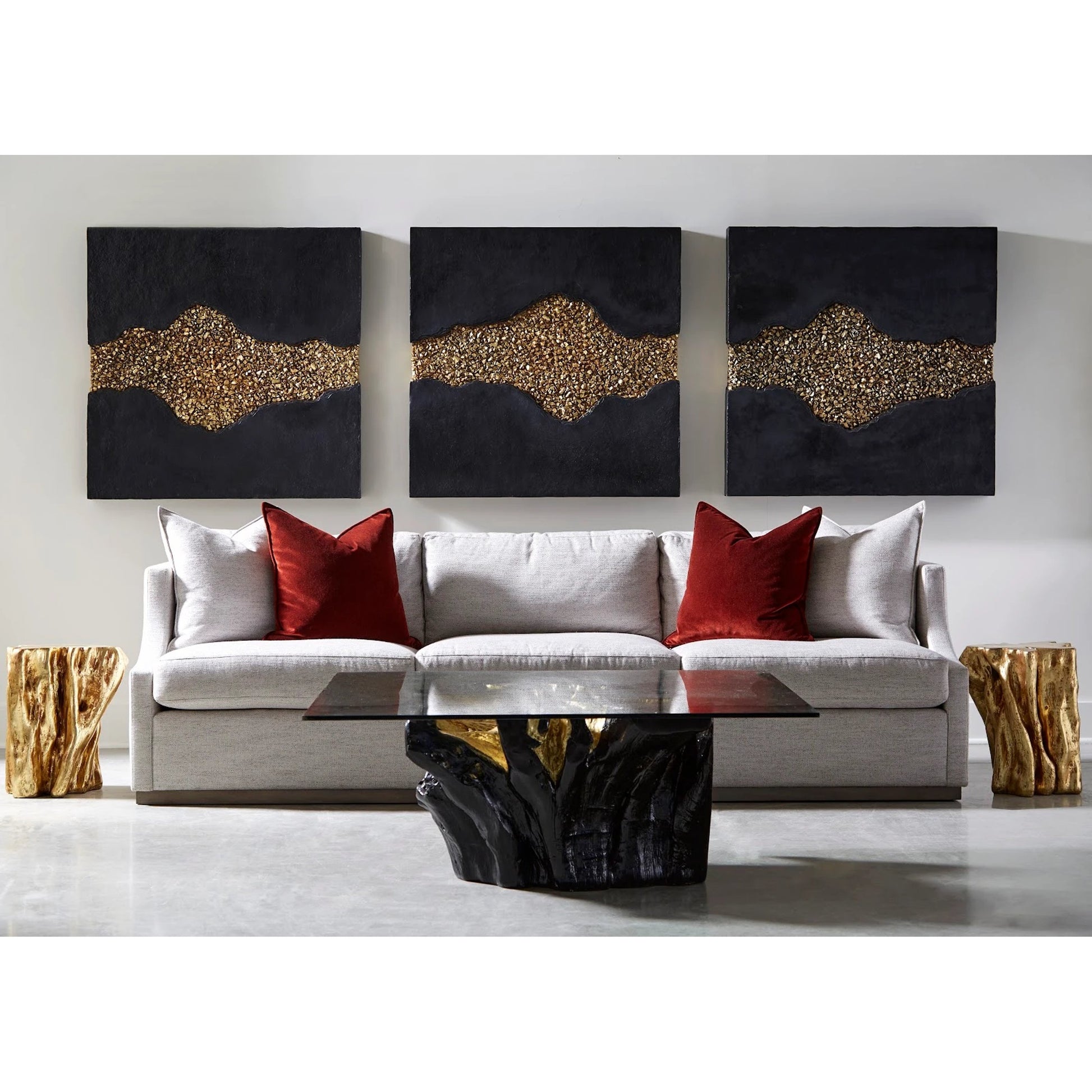 Geode Texture Panel by Phillips Collection in black, gold and gold leaf. Made from resin in a modern style.