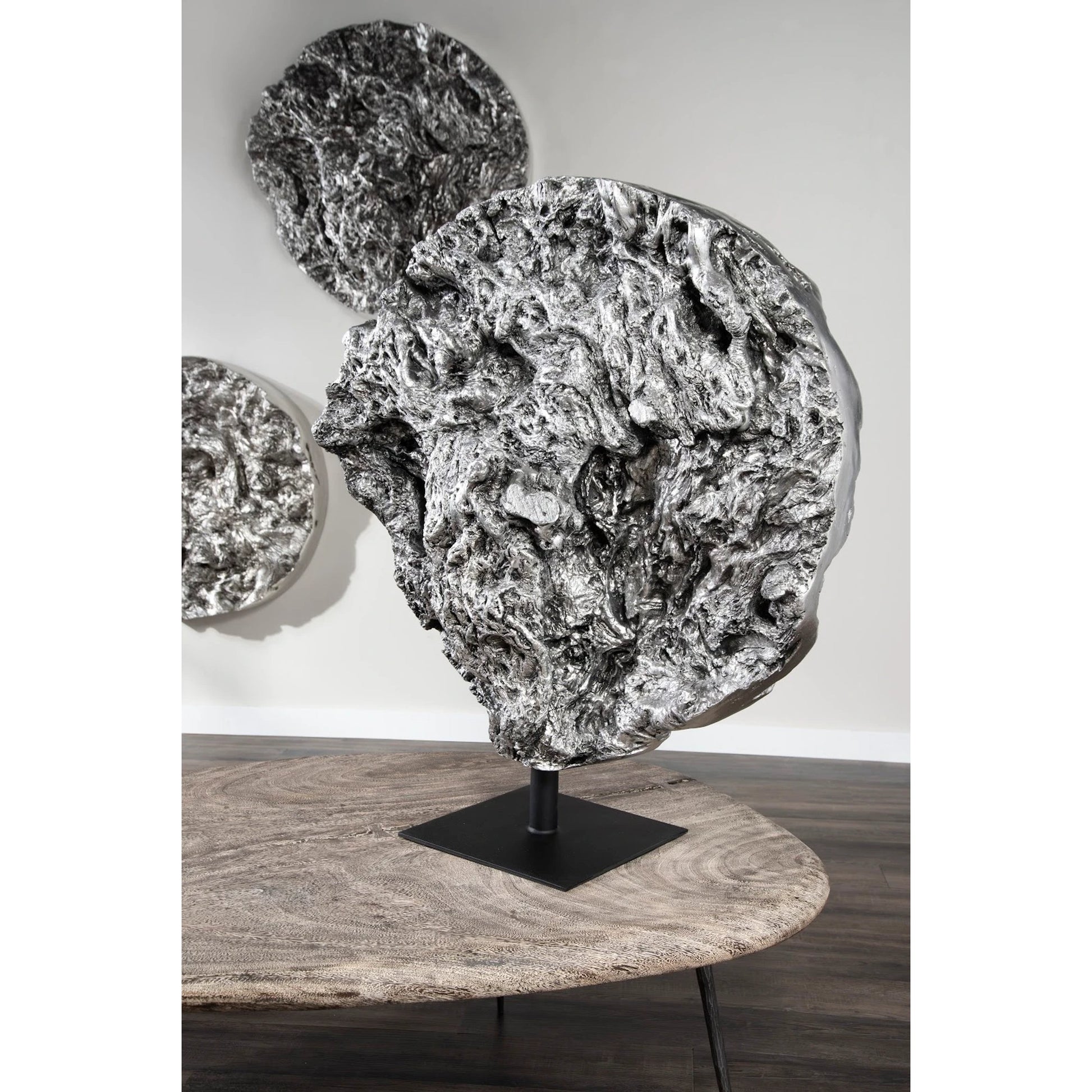 Cast Root Erupting Wall Sculpture by Phillips Collection in silver and silver leaf. Made from resin in a rustic style.