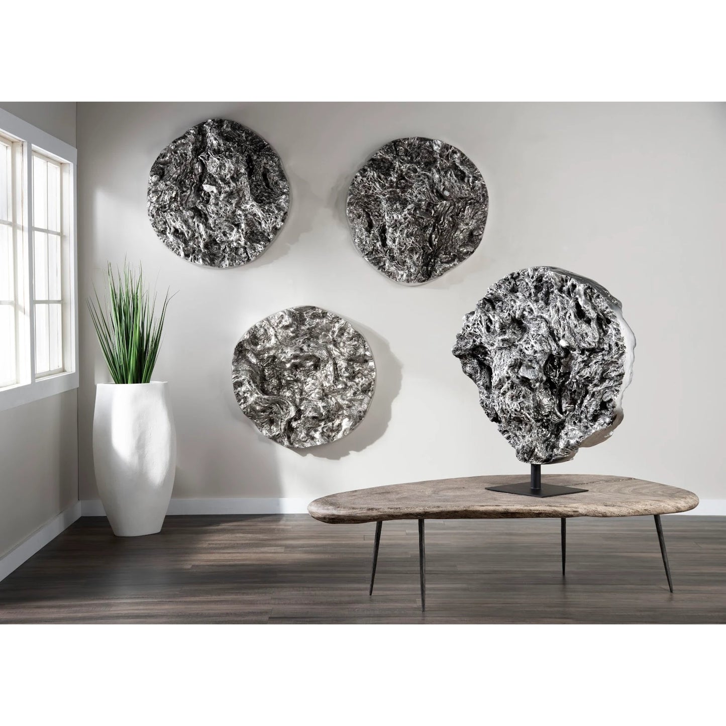 004 SI-1944782 | Lifestyle | Cast Root Erupting Wall Sculpture by Phillips Collection in silver and silver leaf. Made from resin in a rustic style.