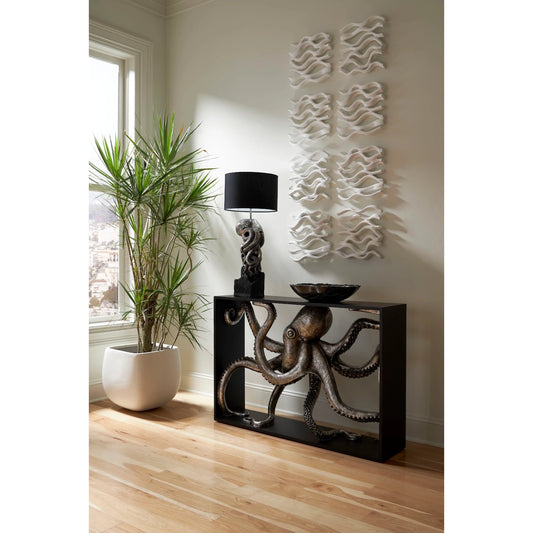 Octo Framed Console Table by Phillips Collection in black, silver and silver leaf. Made from resin wood in a coastal style.
