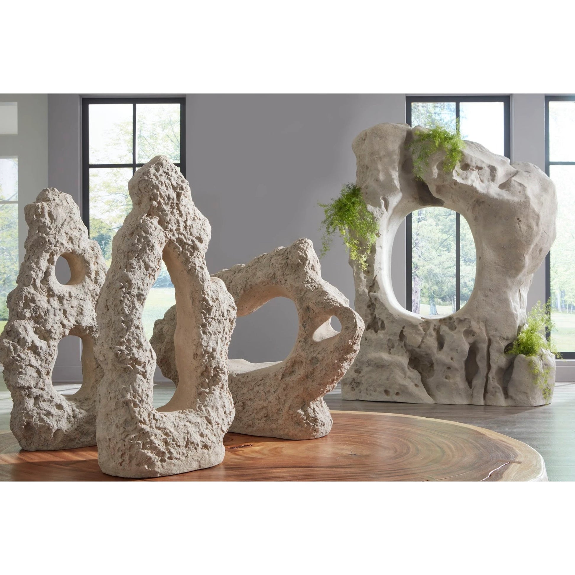 Cast Stone Table Top Sculpture Double Hole, Roman Stone by Phillips Collection in off white and roman stone. Made from resin in a rustic style.