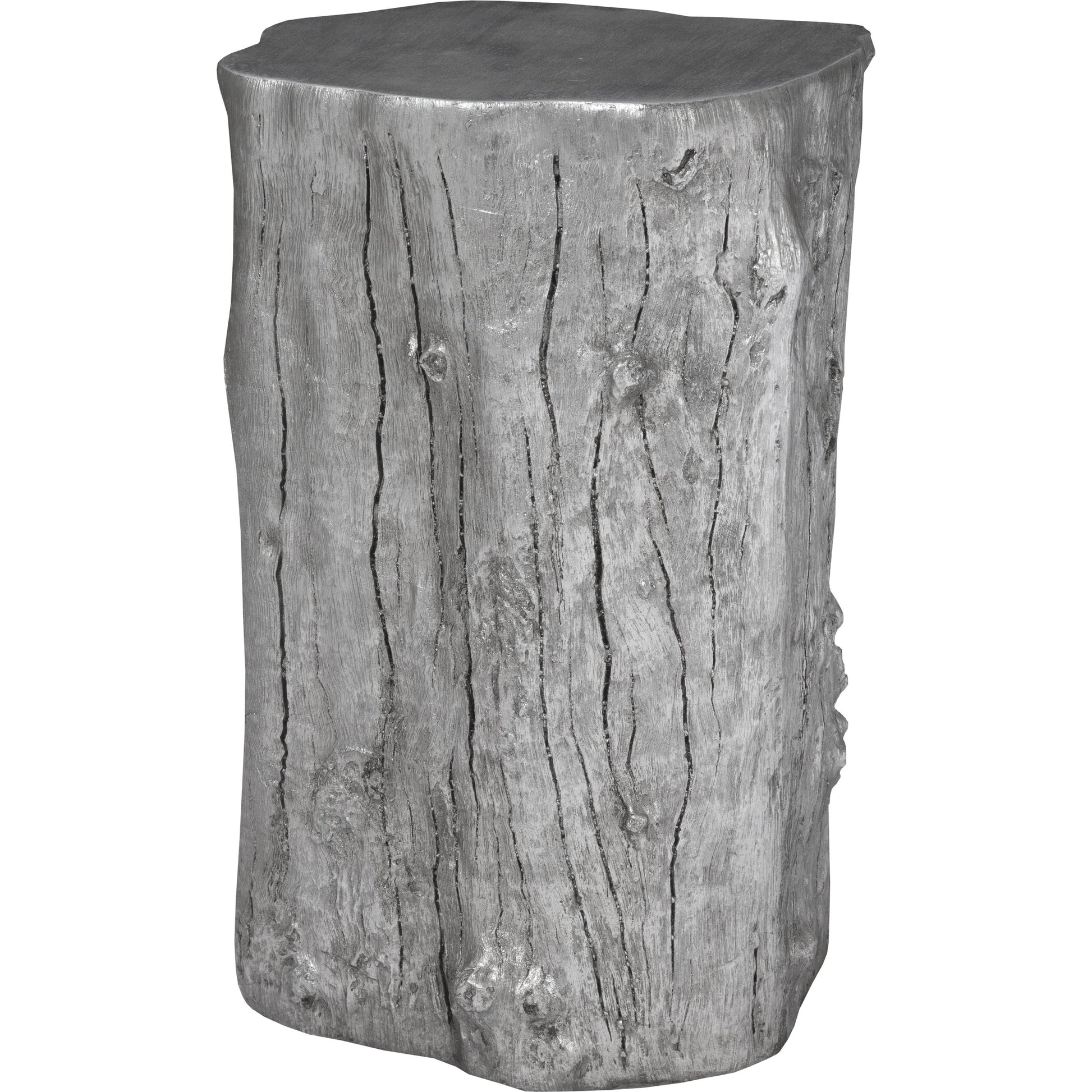 Log Silver Stool by Phillips Collection in silver and silver leaf. Made from resin in a eclectic & global style.