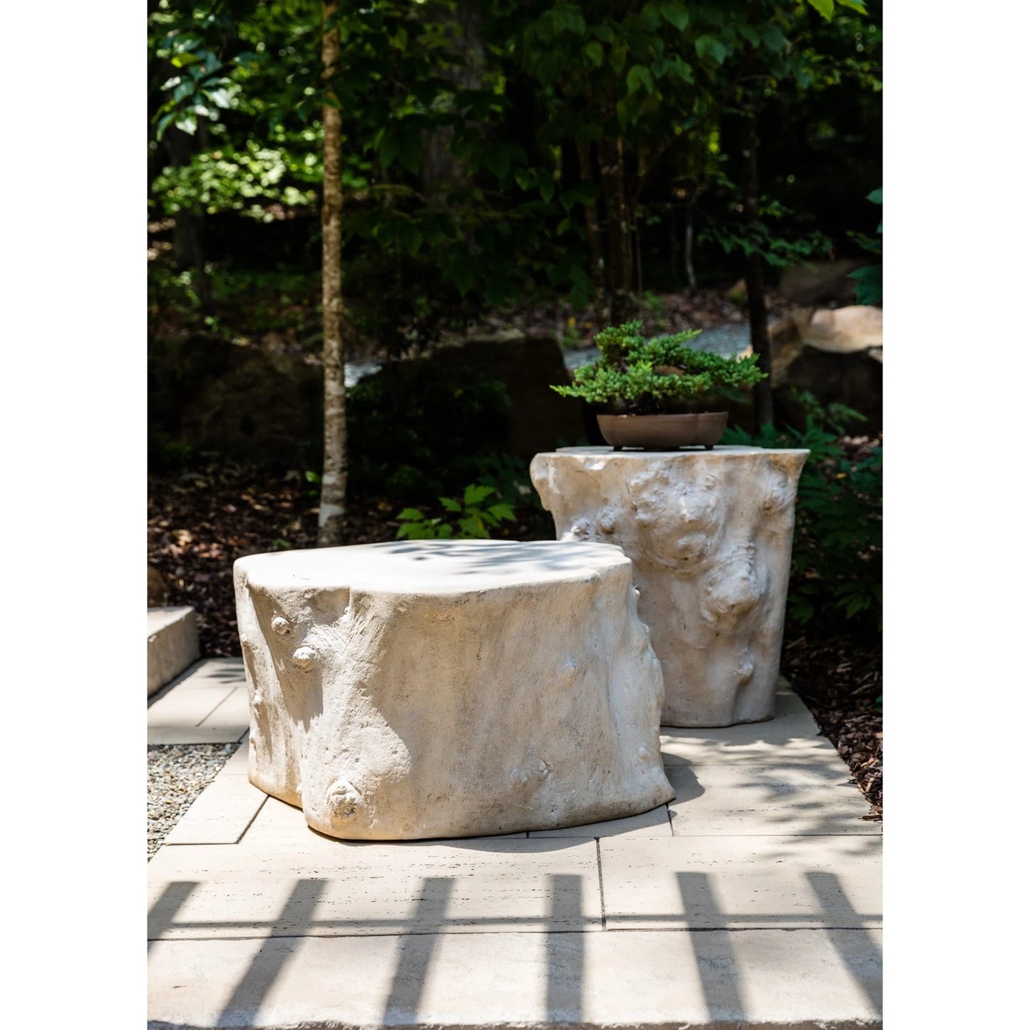 006 SR-820603 | Closeup | Log Roman Stone Stool by Phillips Collection in off white and roman stone. Made from resin composite in a eclectic & global style.