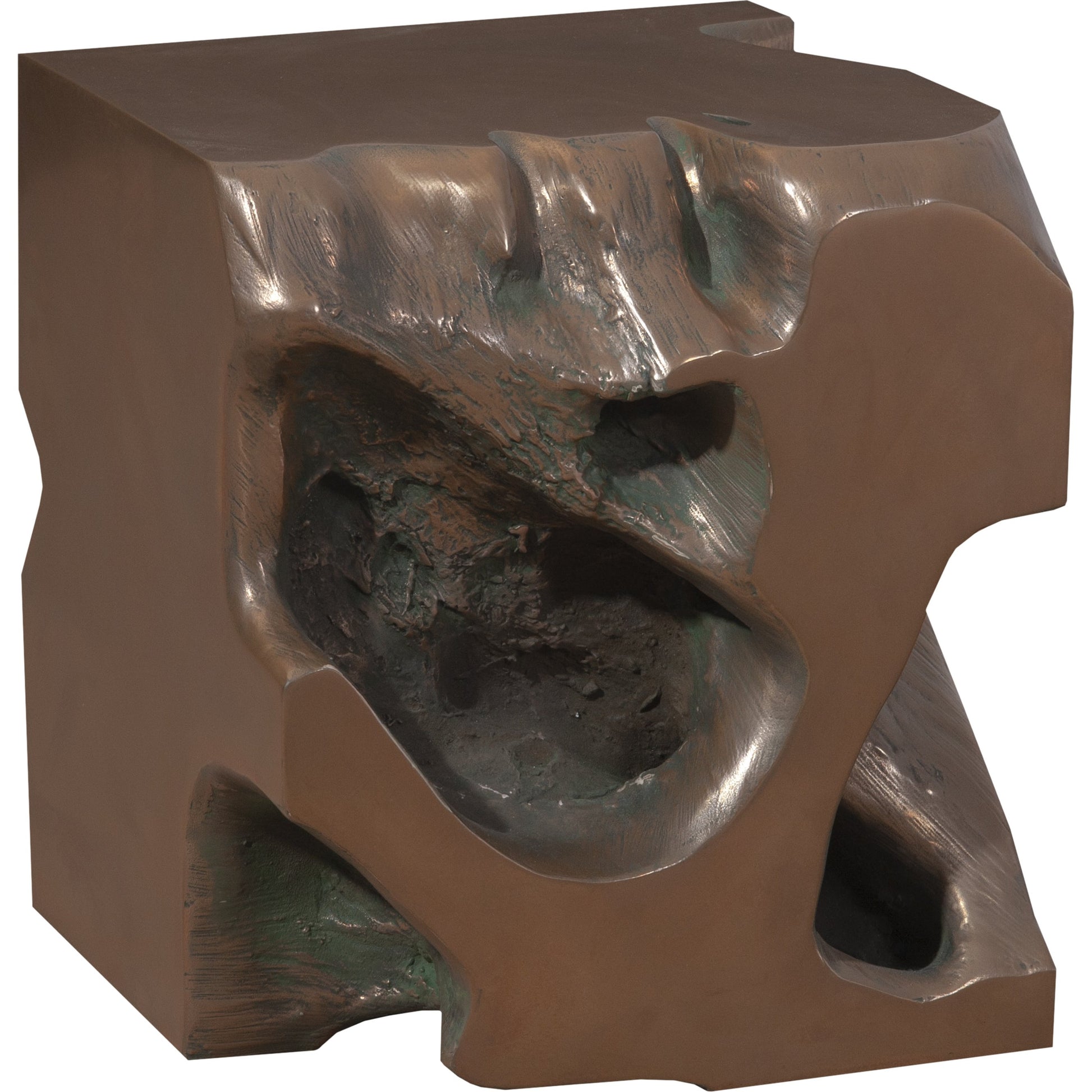 Freeform Stool by Phillips Collection in brown and gold leaf, faux bois. Made from resin in a modern style.