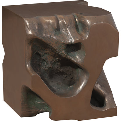 Freeform Stool by Phillips Collection in brown and gold leaf, faux bois. Made from resin in a modern style.