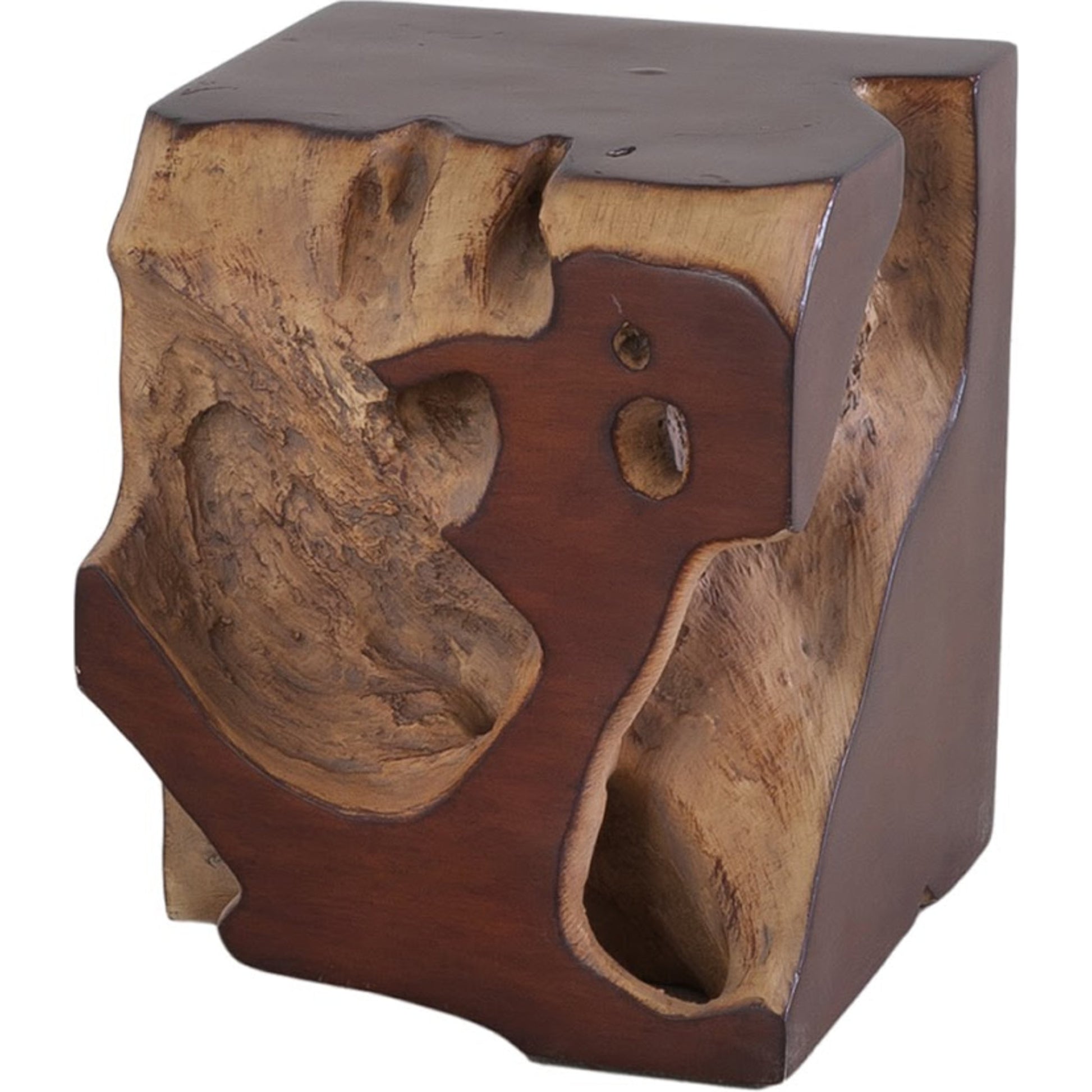 Freeform Stool by Phillips Collection in brown and gold leaf, faux bois. Made from resin in a modern style.