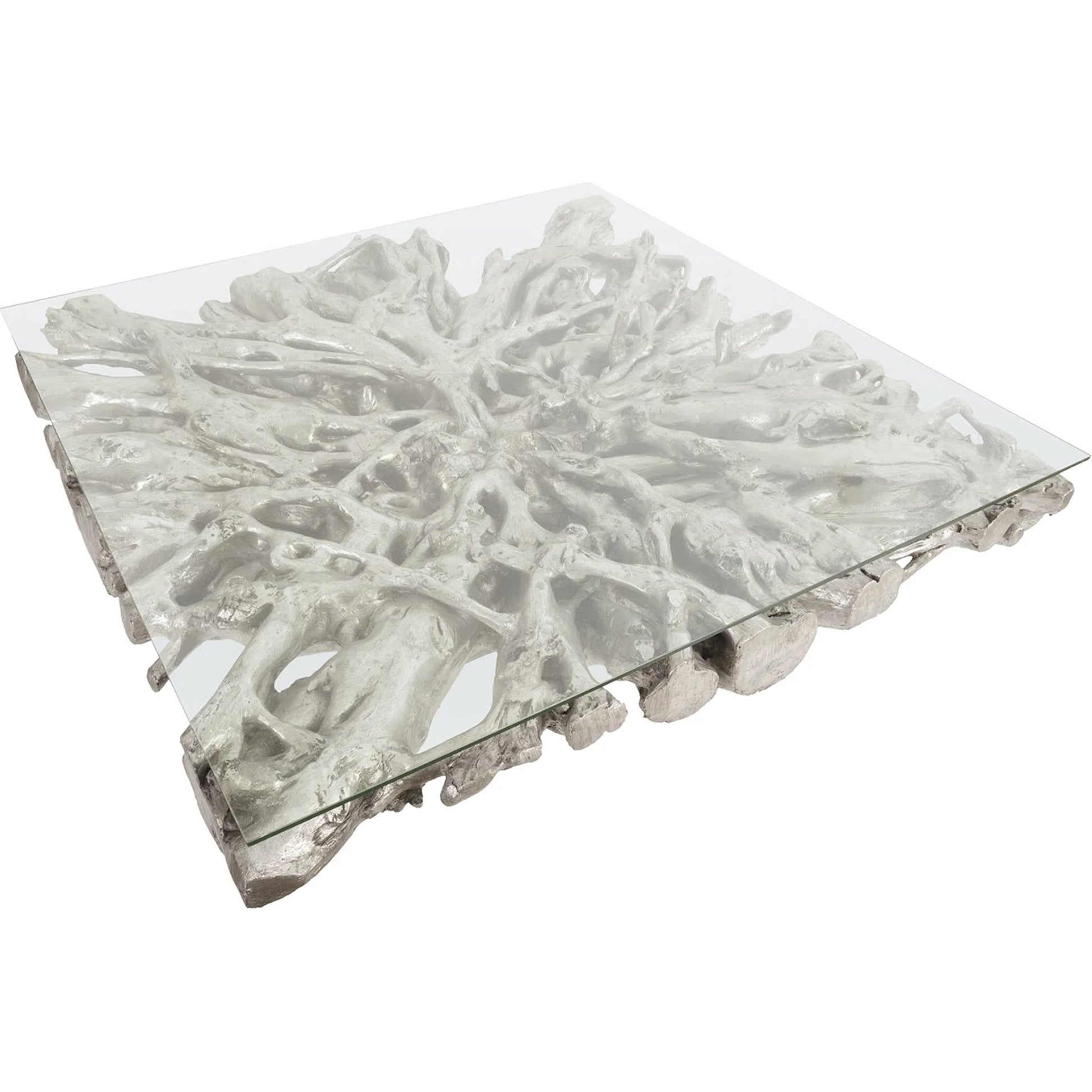 Square Root Coffee Table by Phillips Collection in silver and silver leaf. Made from resin glass in a modern style.