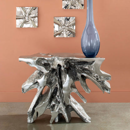 Luxe Freeform Console Table by Phillips Collection in silver and silver leaf. Made from resin in a eclectic & global style.