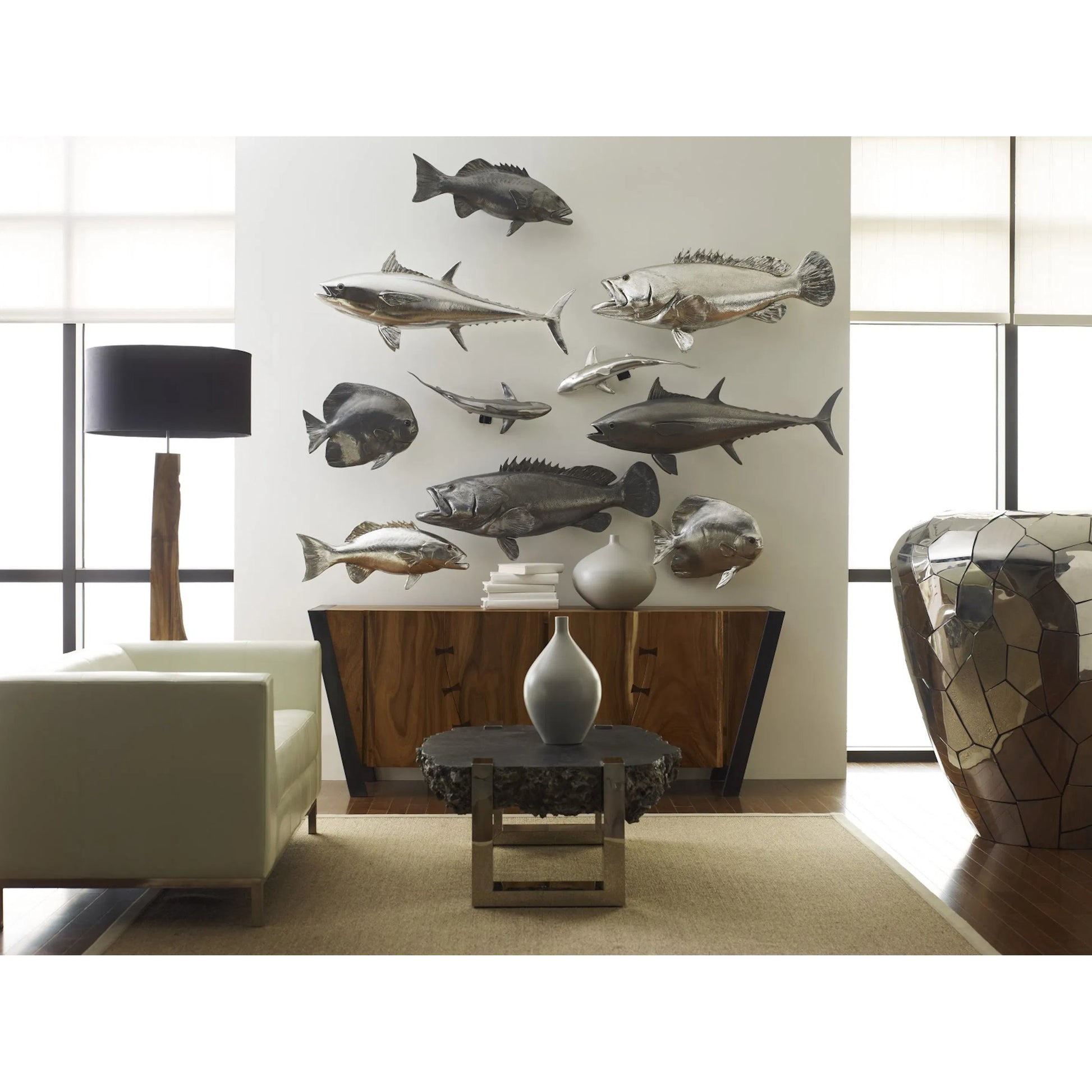 Whaler Shark by Phillips Collection in silver. Made from resin in a coastal style.