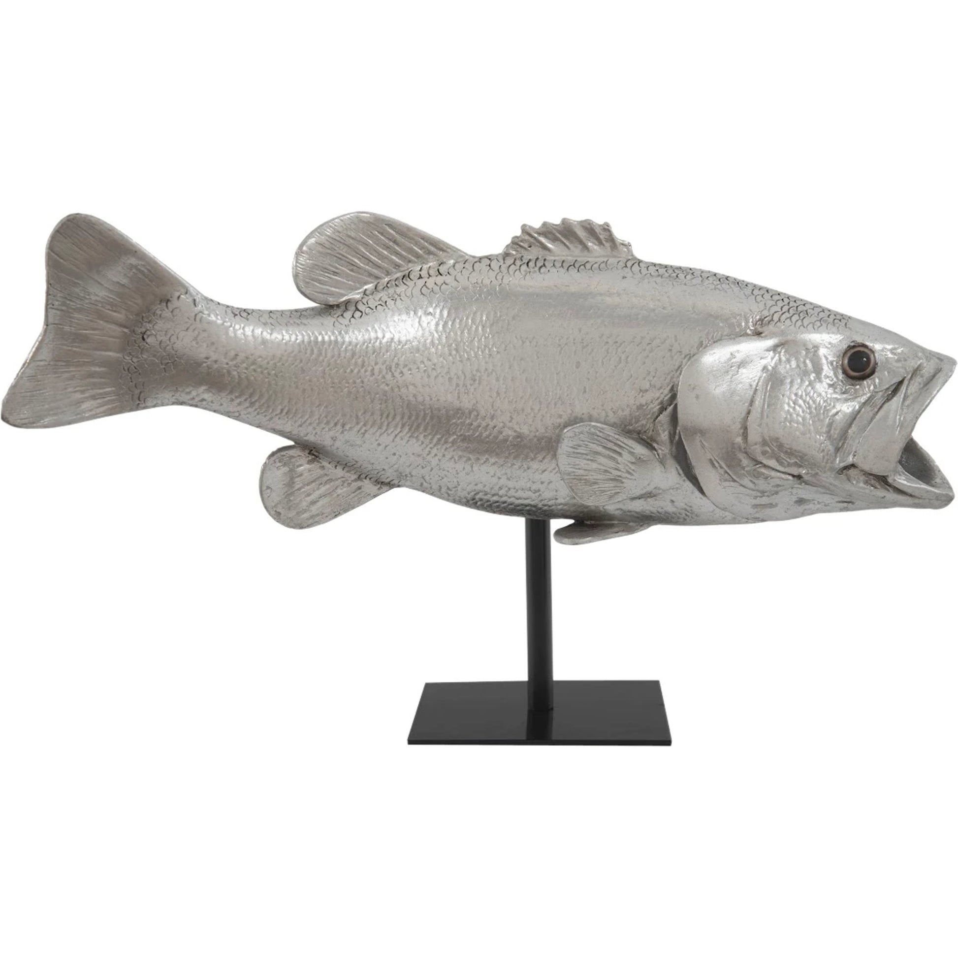 Largemouth Bass On Stand by Phillips Collection in silver and silver leaf. Made from resin in a coastal style.