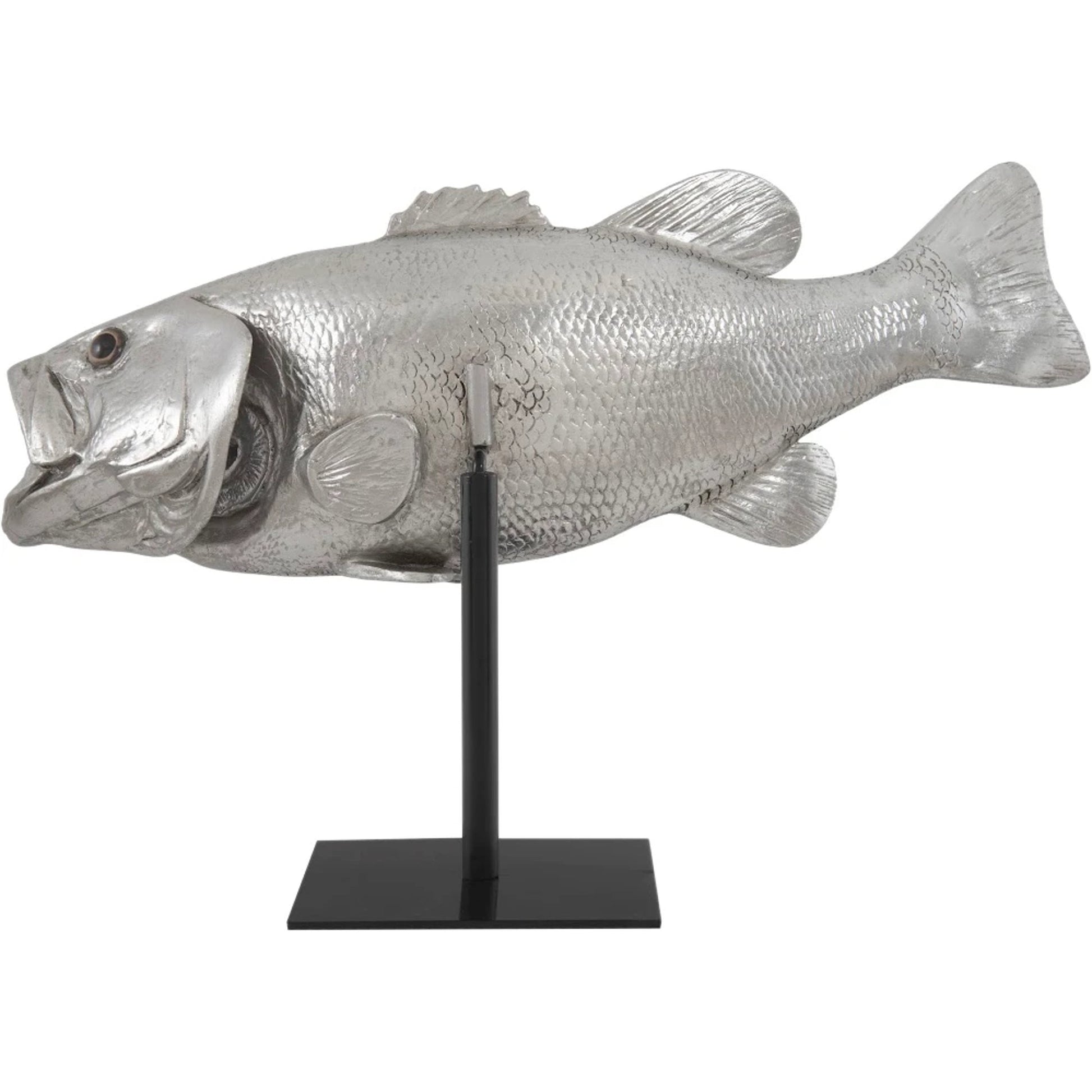 Largemouth Bass On Stand by Phillips Collection in silver and silver leaf. Made from resin in a coastal style.