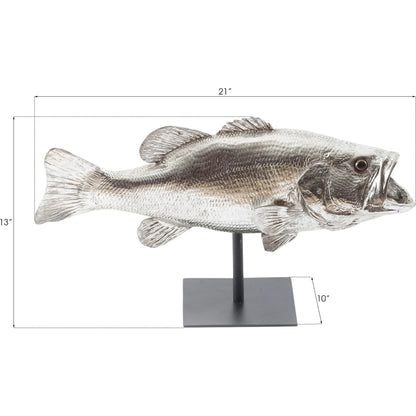 Largemouth Bass On Stand by Phillips Collection in silver and silver leaf. Made from resin in a coastal style.