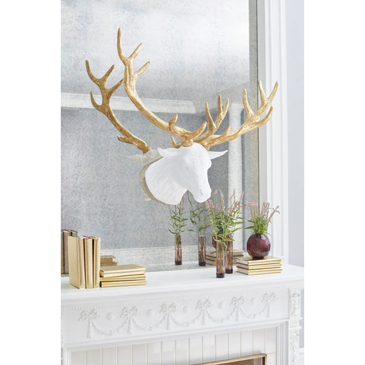 Stag Deer Head by Phillips Collection in white, gold and glossy lacquer, gold leaf. Made from resin in a eclectic & global style.