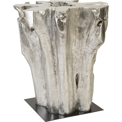 Freeform Bar Table by Phillips Collection in silver, black and silver leaf. Made from resin metal in a transitional style.