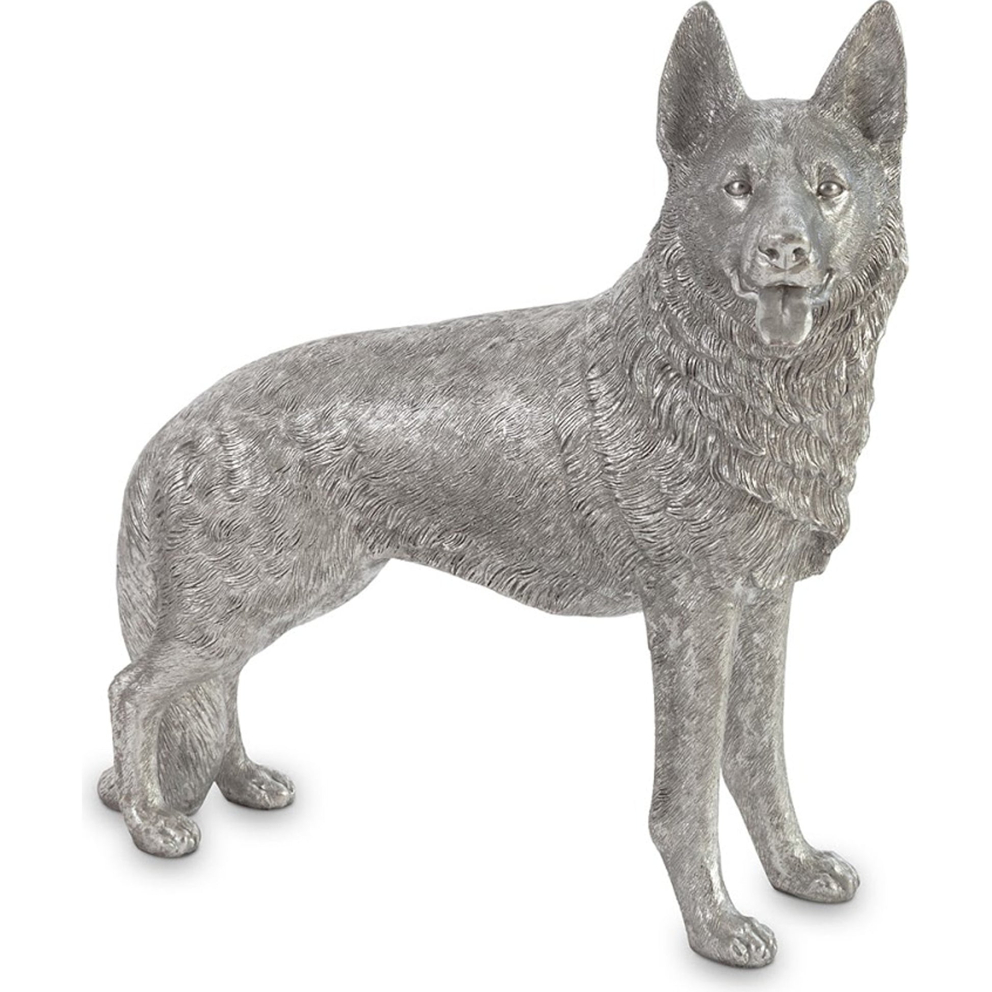 German Shepherd by Phillips Collection in silver and silver leaf. Made from resin in a rustic style.