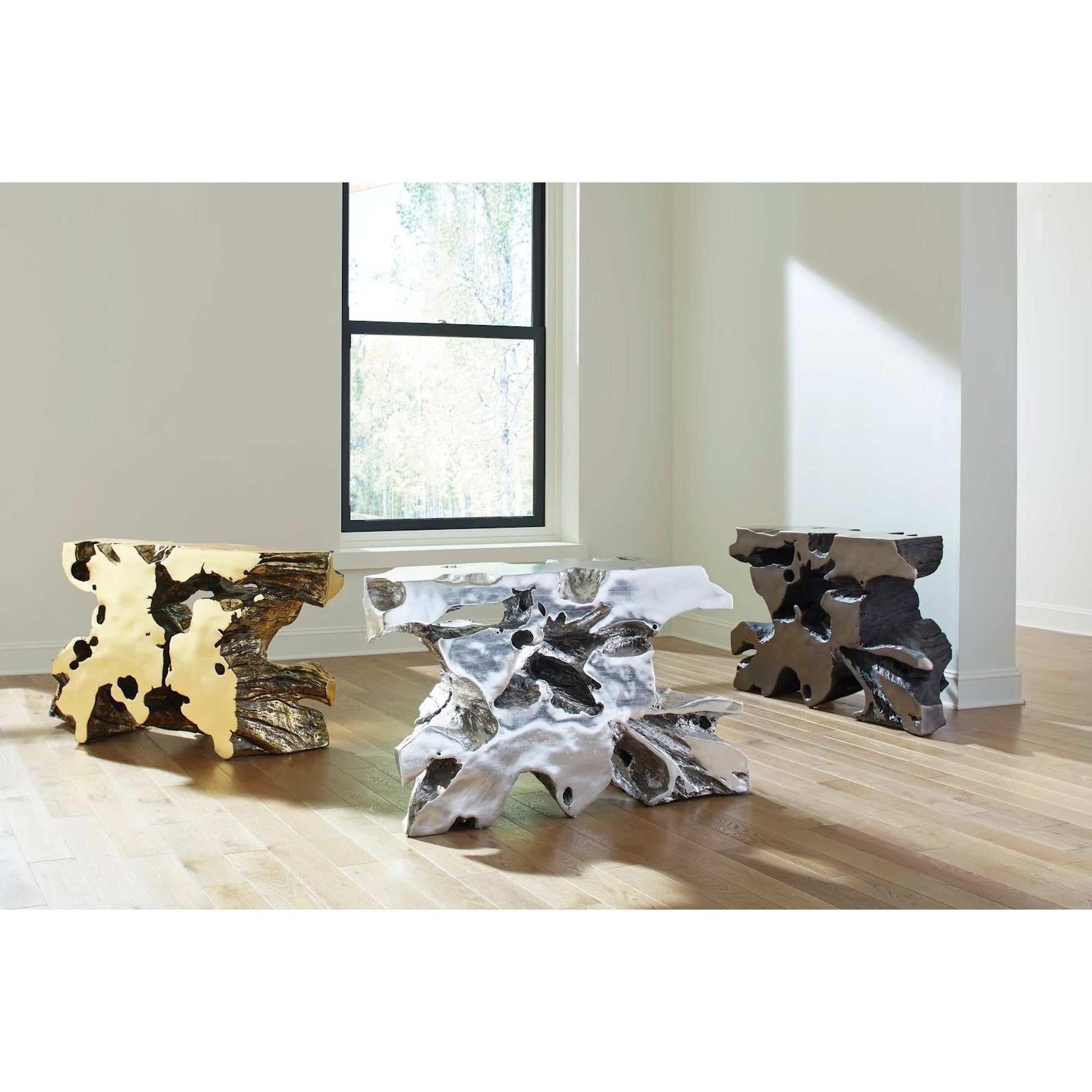 Venice Freeform Console by Phillips Collection in silver and silver leaf. Made from resin in a modern style.