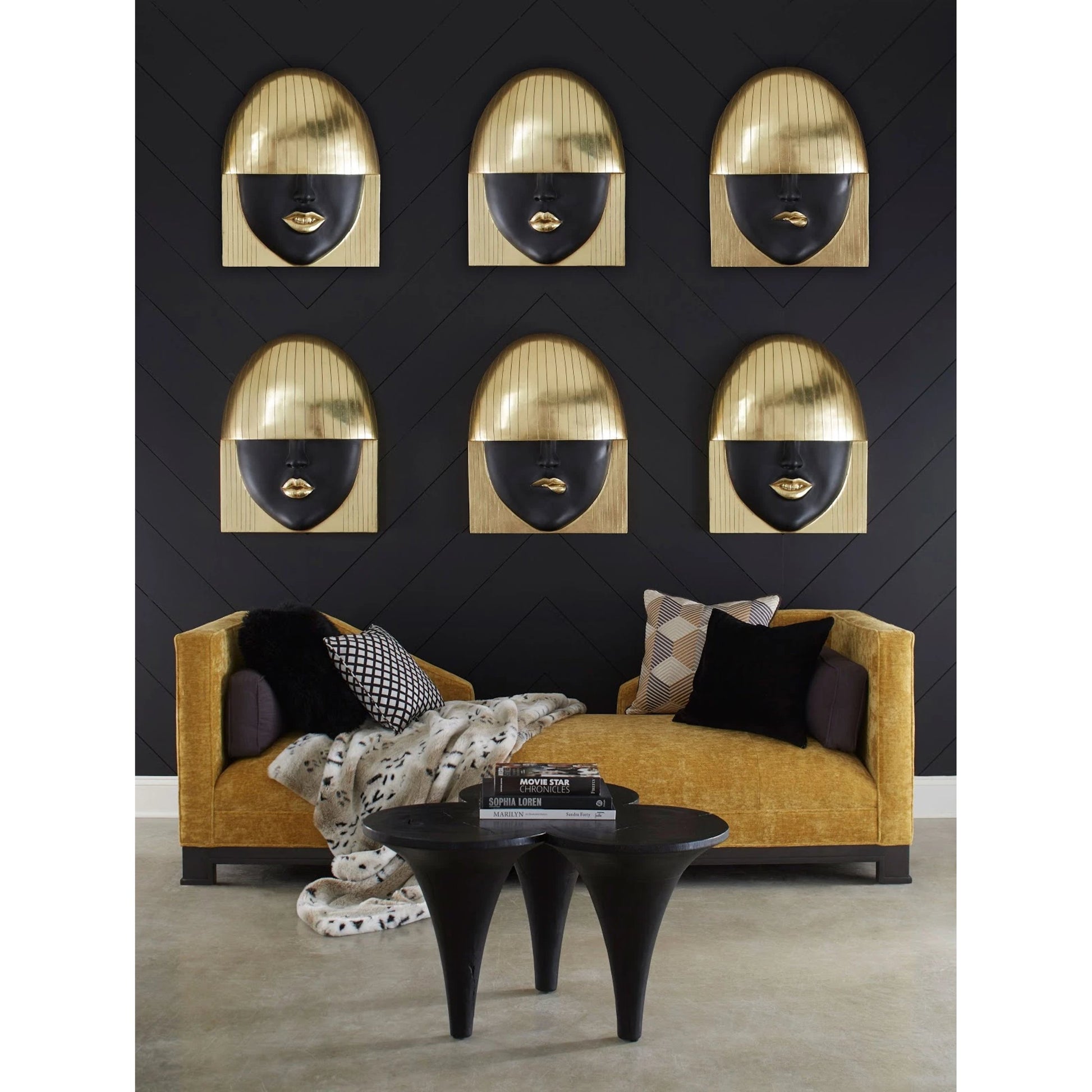 Fashion Faces Large Smile Black and Gold Wall Art by Phillips Collection in black, gold and gold leaf. Made from resin in a modern style.
